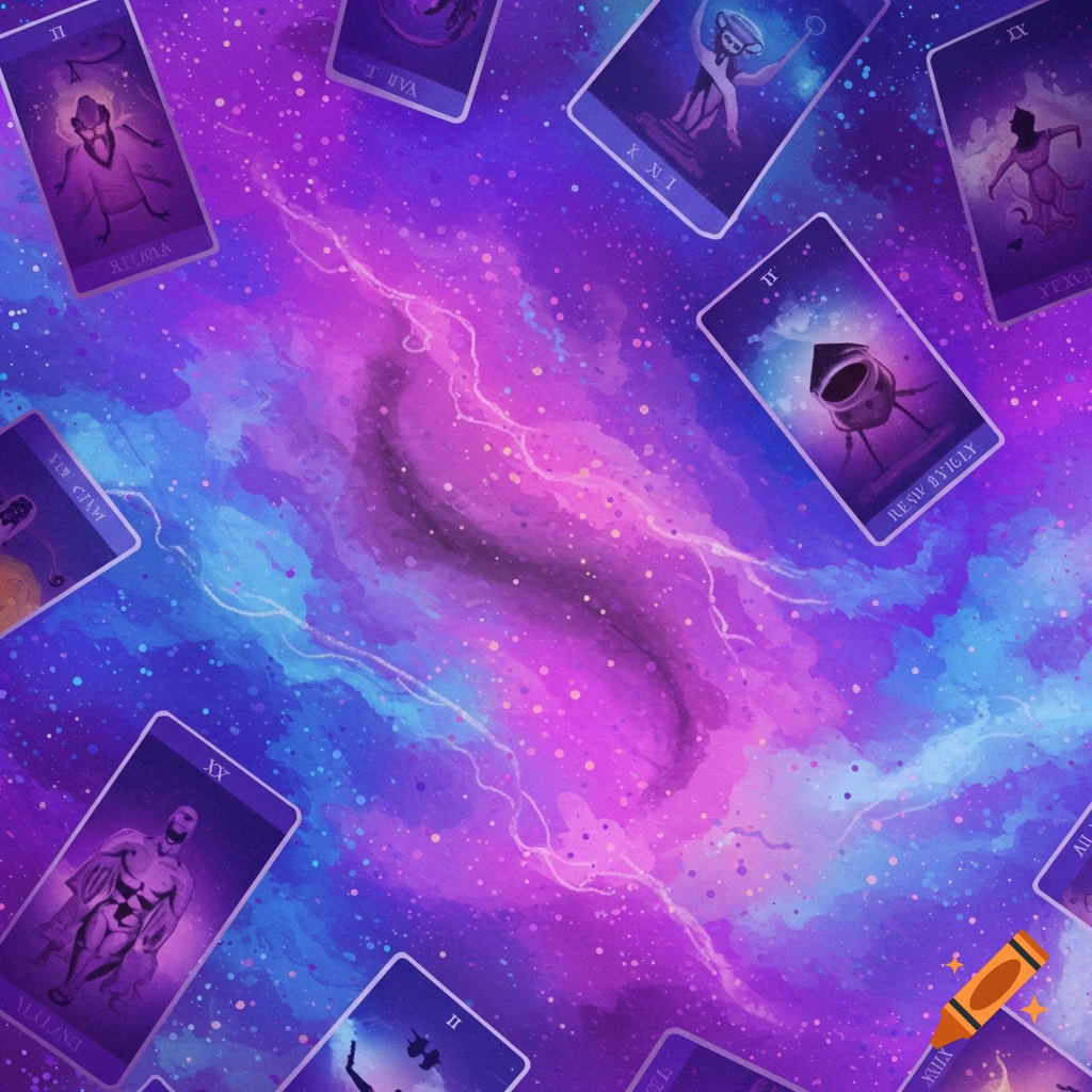 Tarot cards scattered across a vibrant purple, blue, and pink galaxy background.