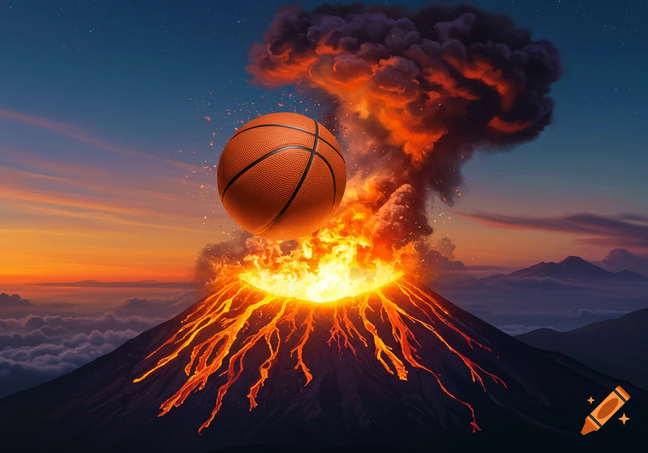 A basketball erupting from a volcano with lava and smoke under a sunset sky.
