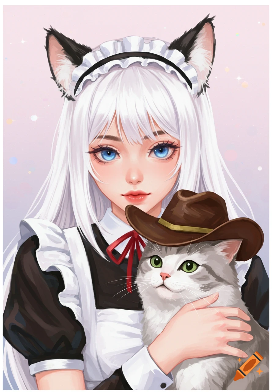 Anime style illustration of a woman with cat ears and a maid outfit holding a cat in a cowboy hat.