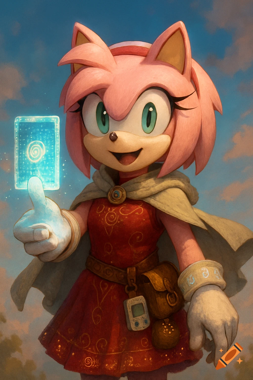Amy Rose from Sonic in fantasy attire holds a glowing tarot card