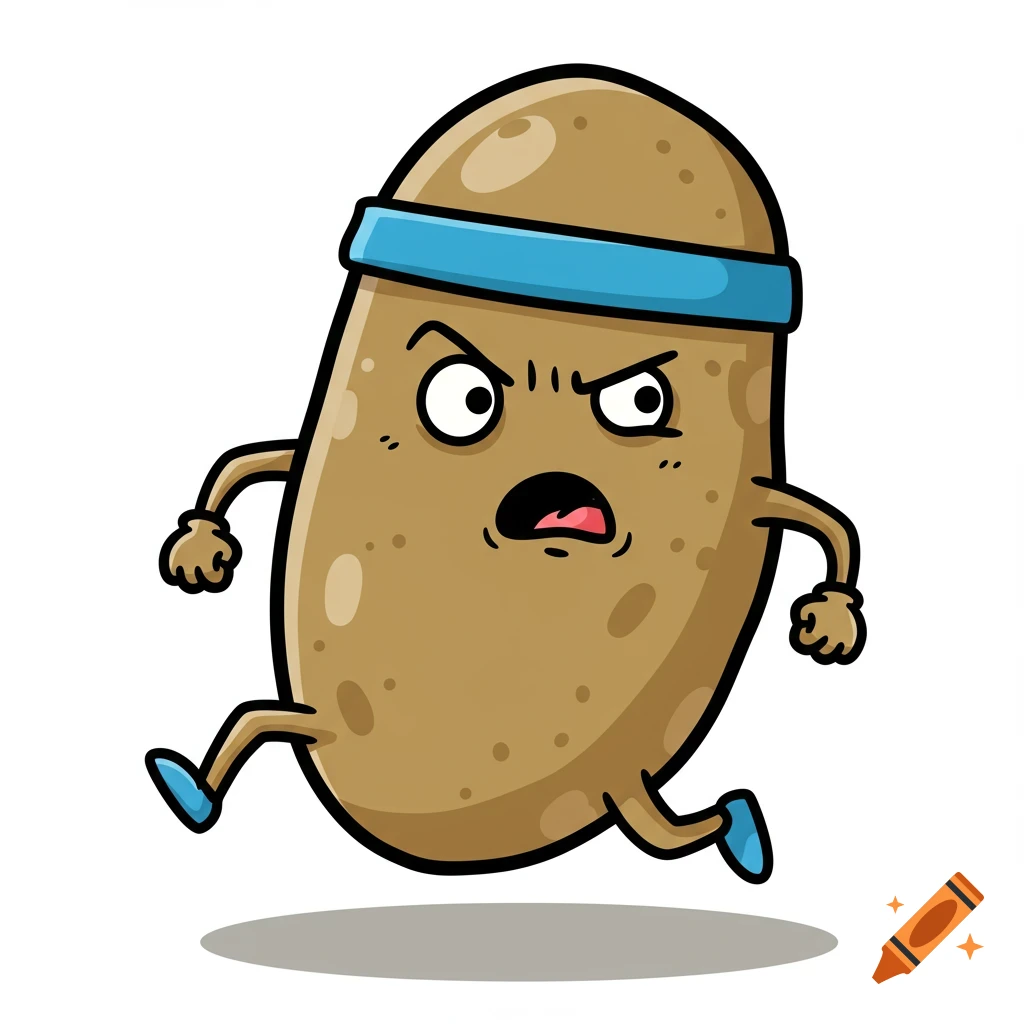 A cute cartoon potato wearing a blue sweatband runs with a determined expression.