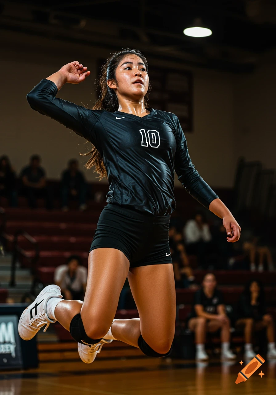 Female volleyball player in black uniform jumps to hit the ball during a game in a gymnasium.
