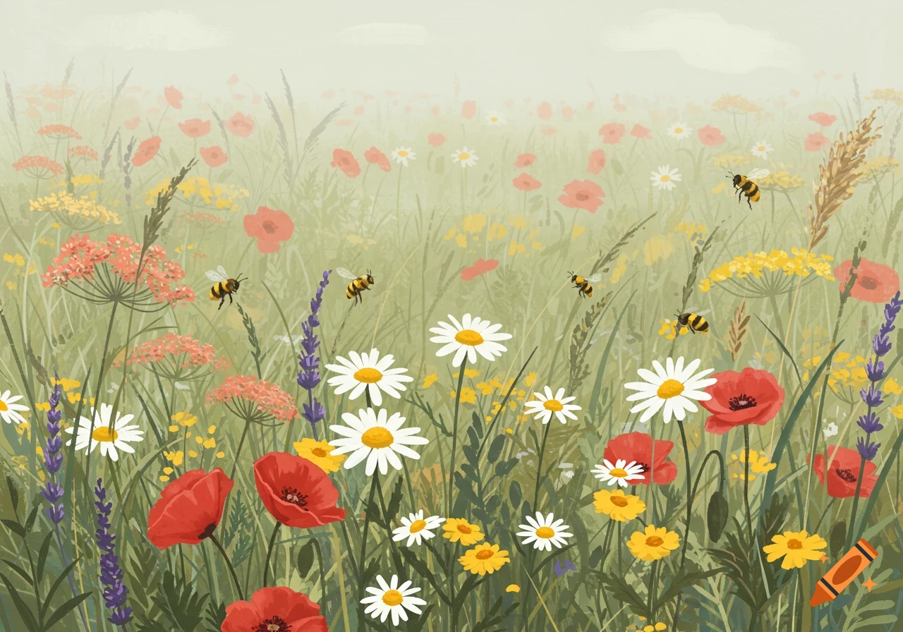 Stylized illustration of a meadow with poppies, daisies, and bees among tall grasses.