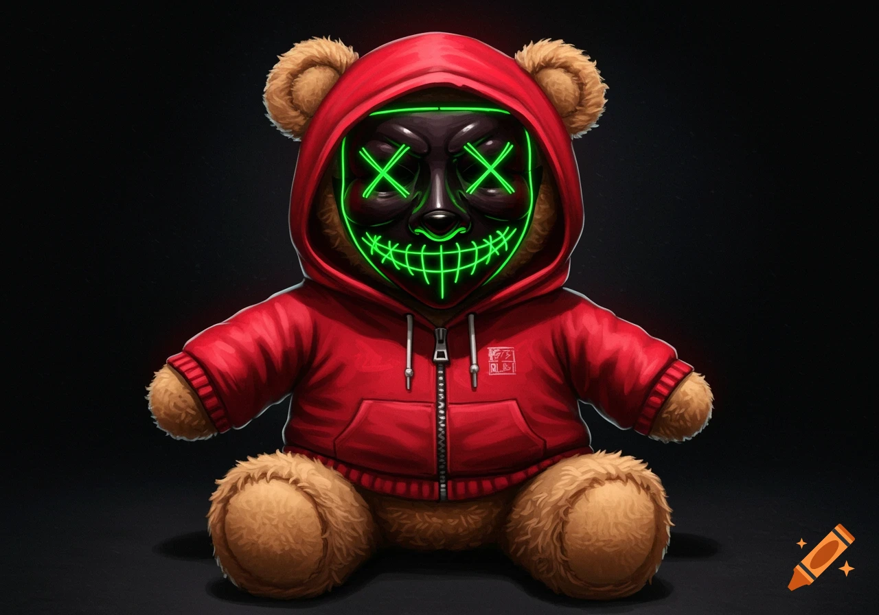 Digital art of a teddy bear wearing a red hoodie and a black mask with glowing green eyes and smile.