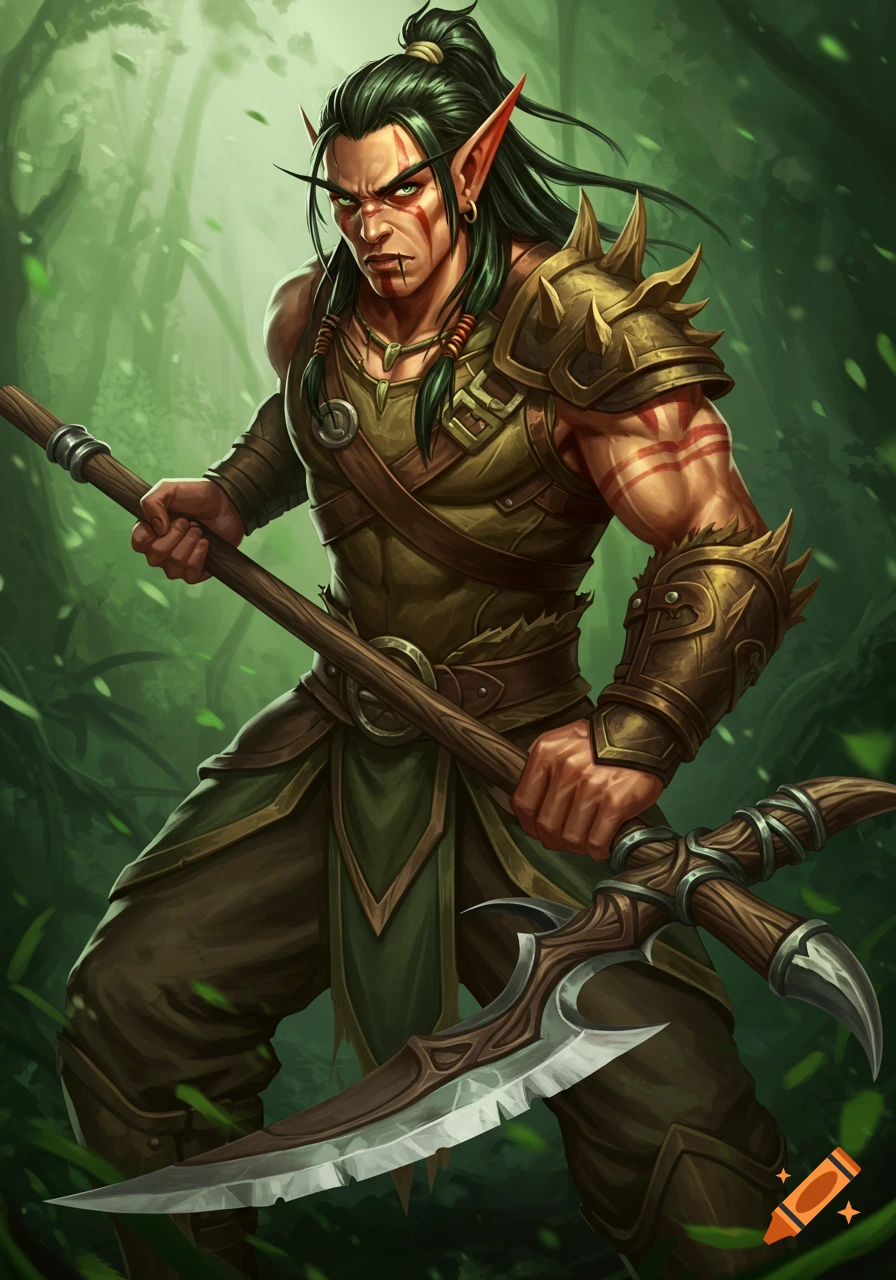Male fantasy elf warrior with a glaive in a forest on Craiyon