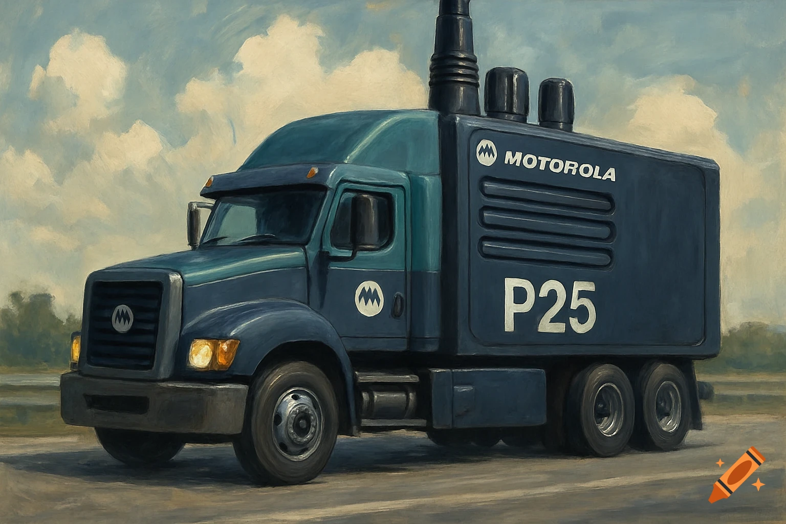 An oil painting of a blue truck designed to look like a Motorola P25 radio.