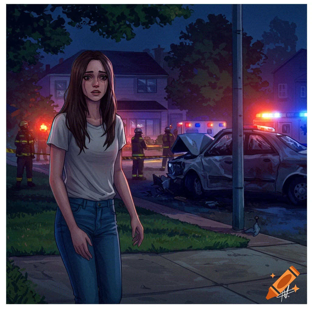 An illustrated scene of a distressed woman standing near a car accident at night with emergency responders and flashing lights.