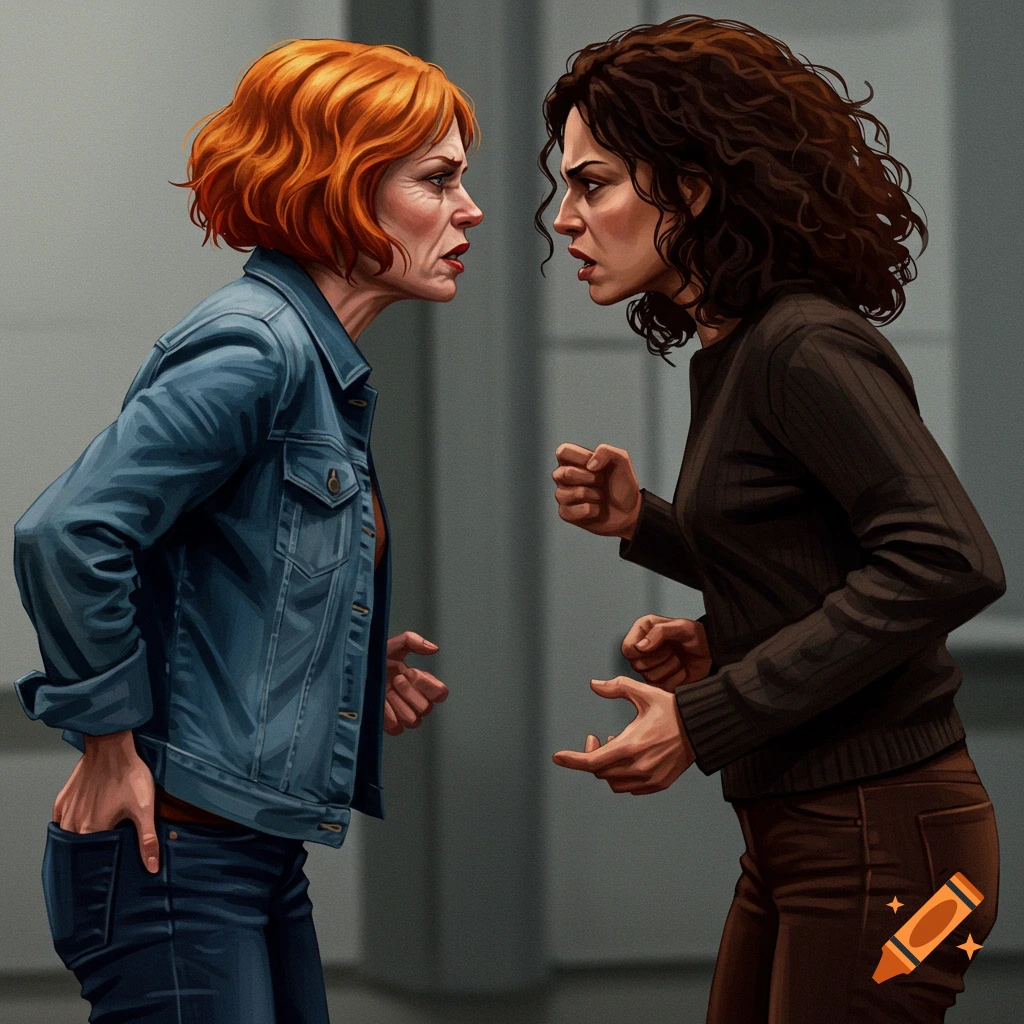 Two women facing each other with angry expressions and hands positioned awkwardly, realistic style