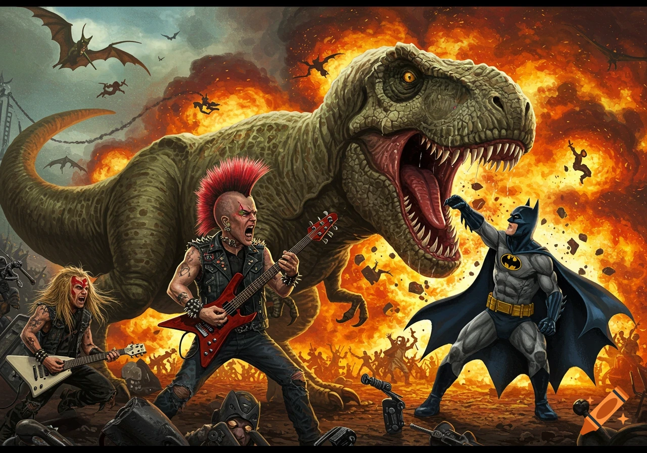 A T-Rex, Batman, and two punk rockers playing guitars during a large explosion with smaller figures and flying creatures in the background.
