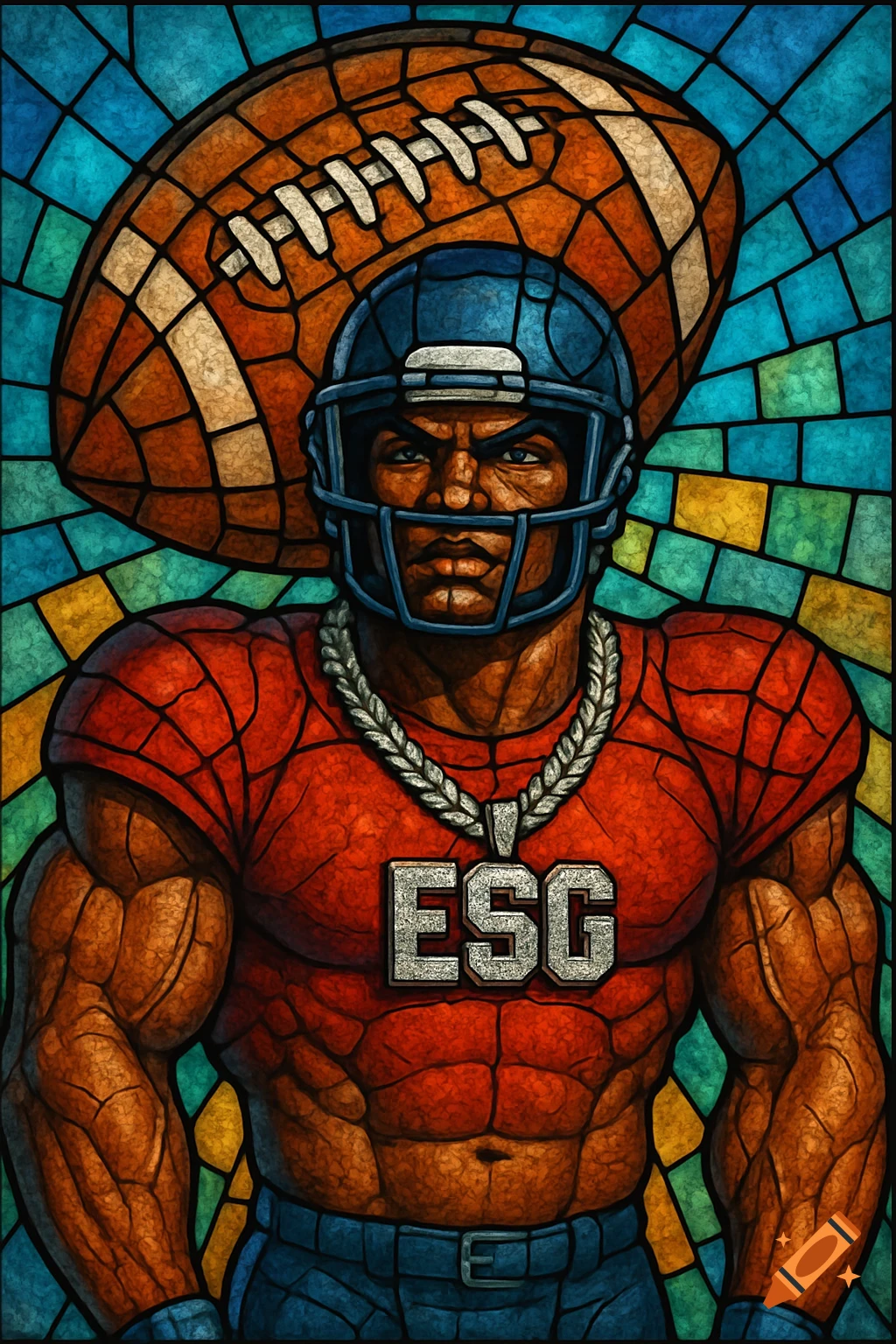A muscular football player in a stained glass mosaic style wears a red jersey, helmet, and a chain with an "ESG" pendant.