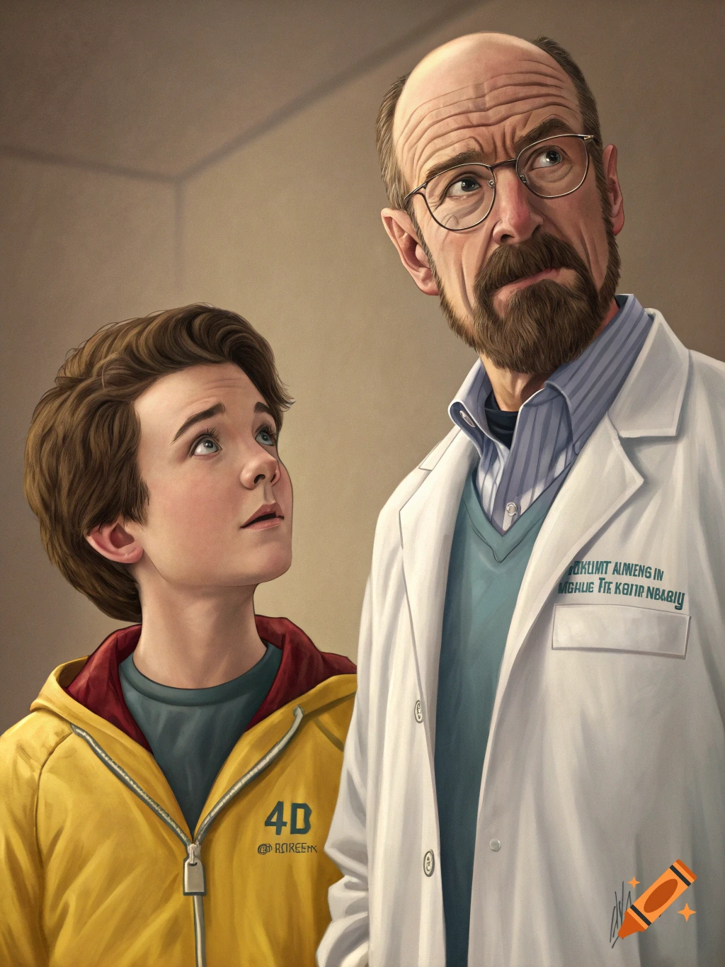 Illustration of an older man in a lab coat and glasses next to a younger person in a yellow jacket, both looking up.