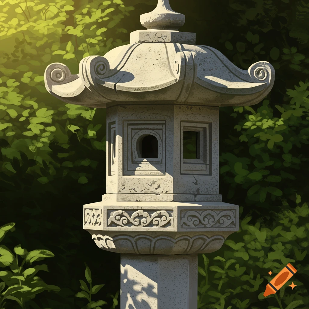 A stone lantern in a lush green garden with sunlight filtering through the leaves, illustration style.