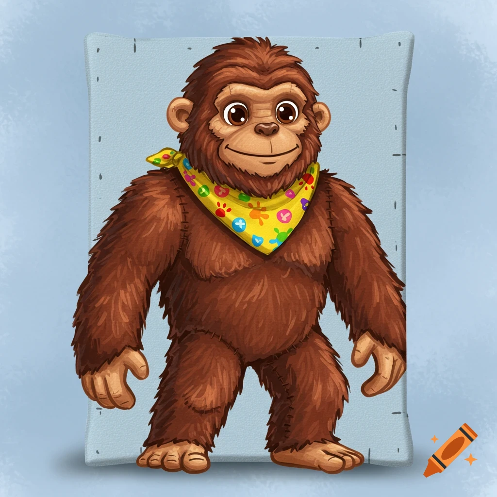 A cartoon Bigfoot stuffed toy stands on a pillow, wearing a yellow bandana with colorful paw prints and flowers.