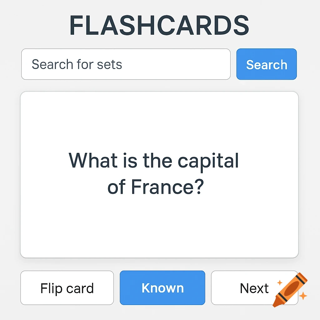 A flashcard user interface showing the question 'What is the capital of France?' with search bar and buttons like 'Flip card', 'Known', and 'Next'.
