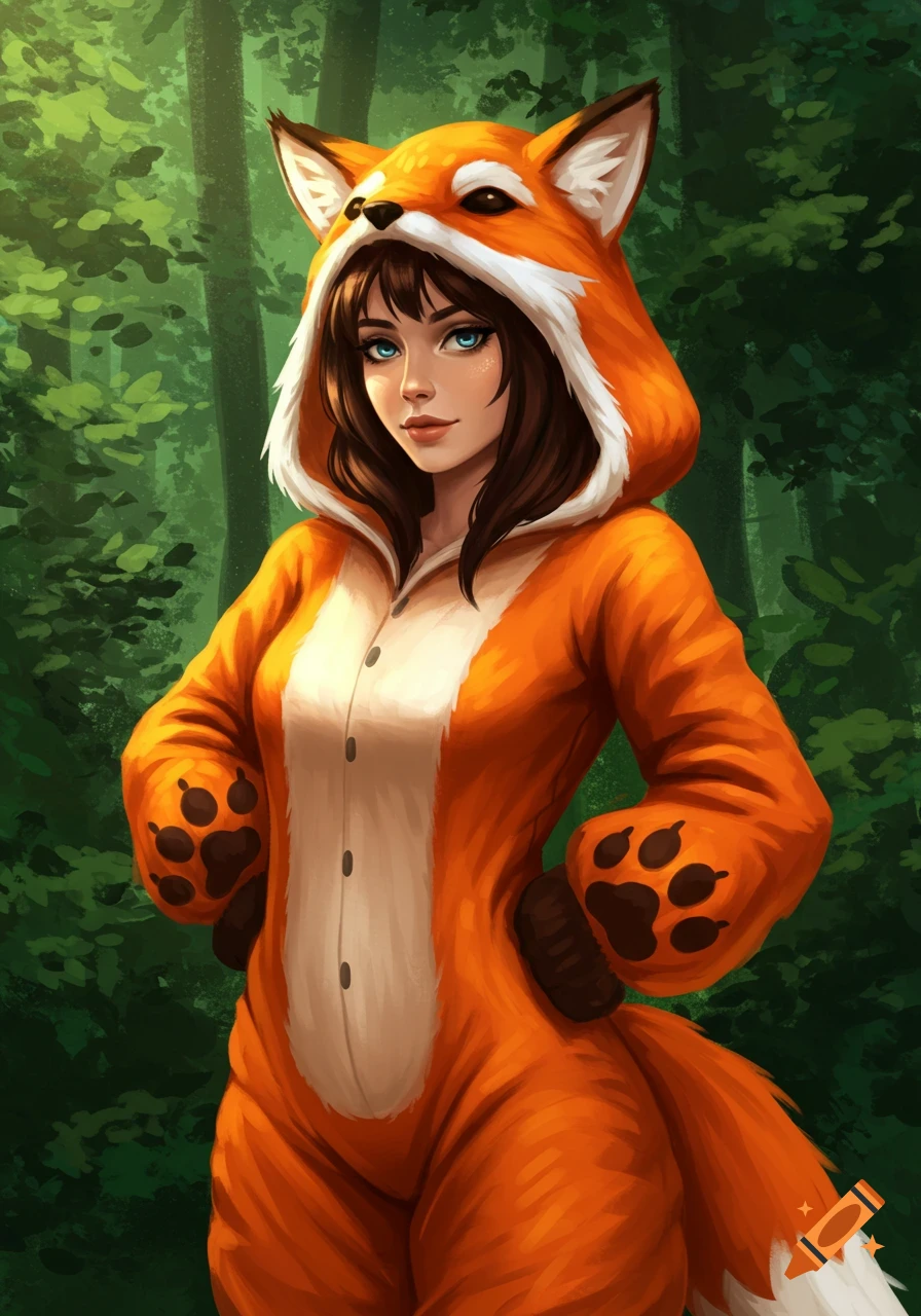 A woman in an orange fox costume with a hood and paw prints stands in a forest.