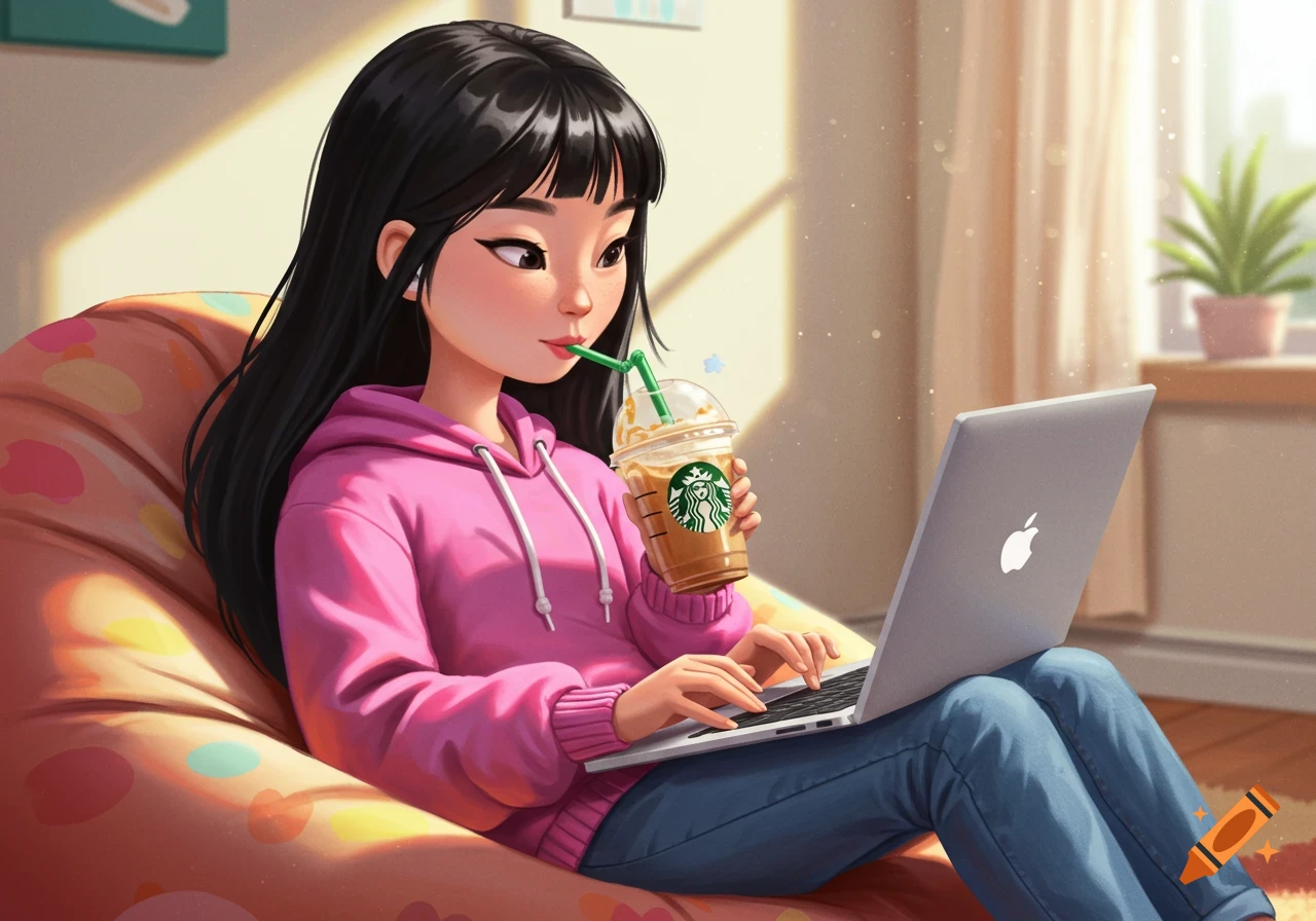 Stylized illustration of a girl with a Starbucks drink typing on a laptop while sitting on a beanbag.
