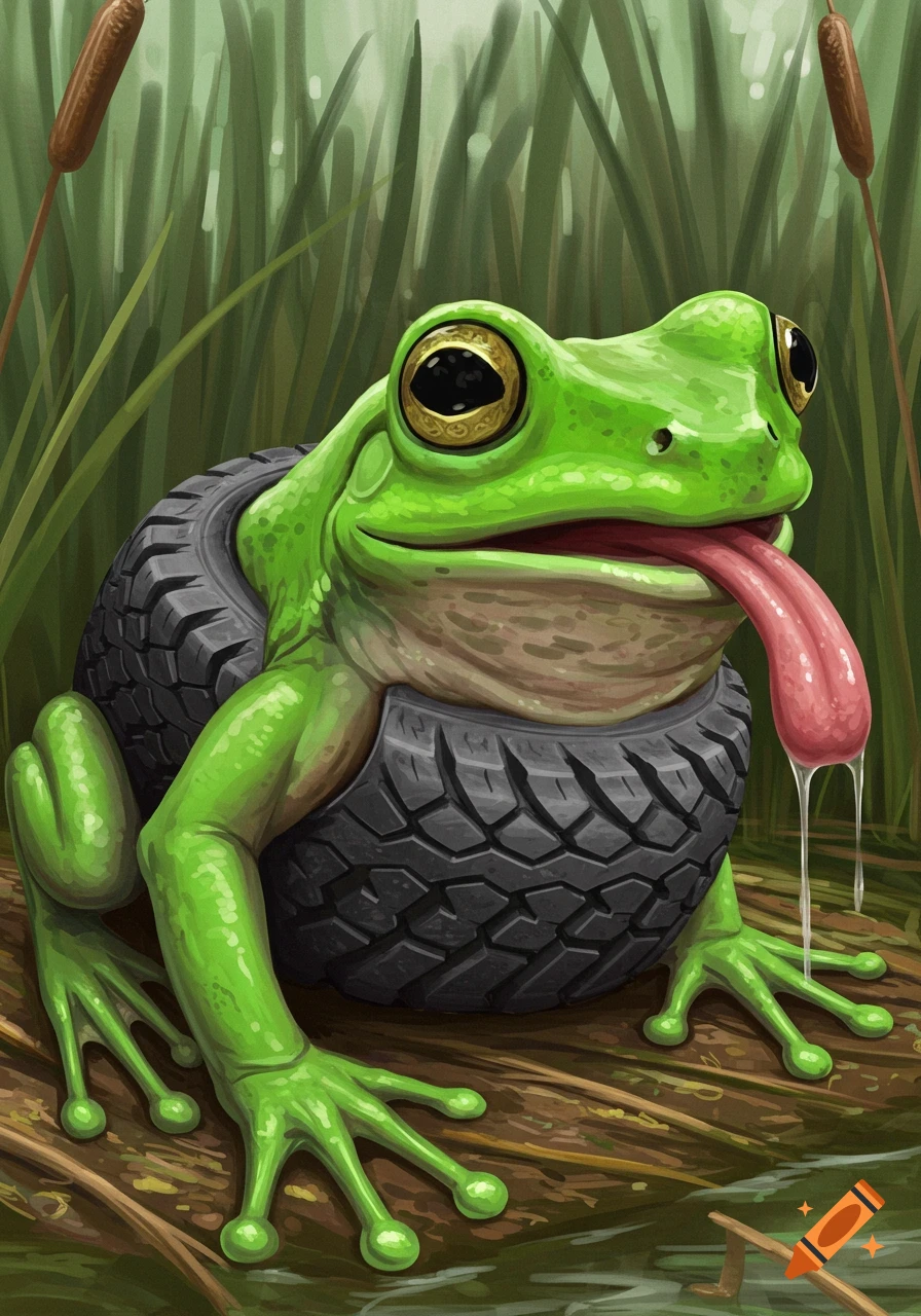 Illustration of a green frog with a tire around its body sitting in a swamp