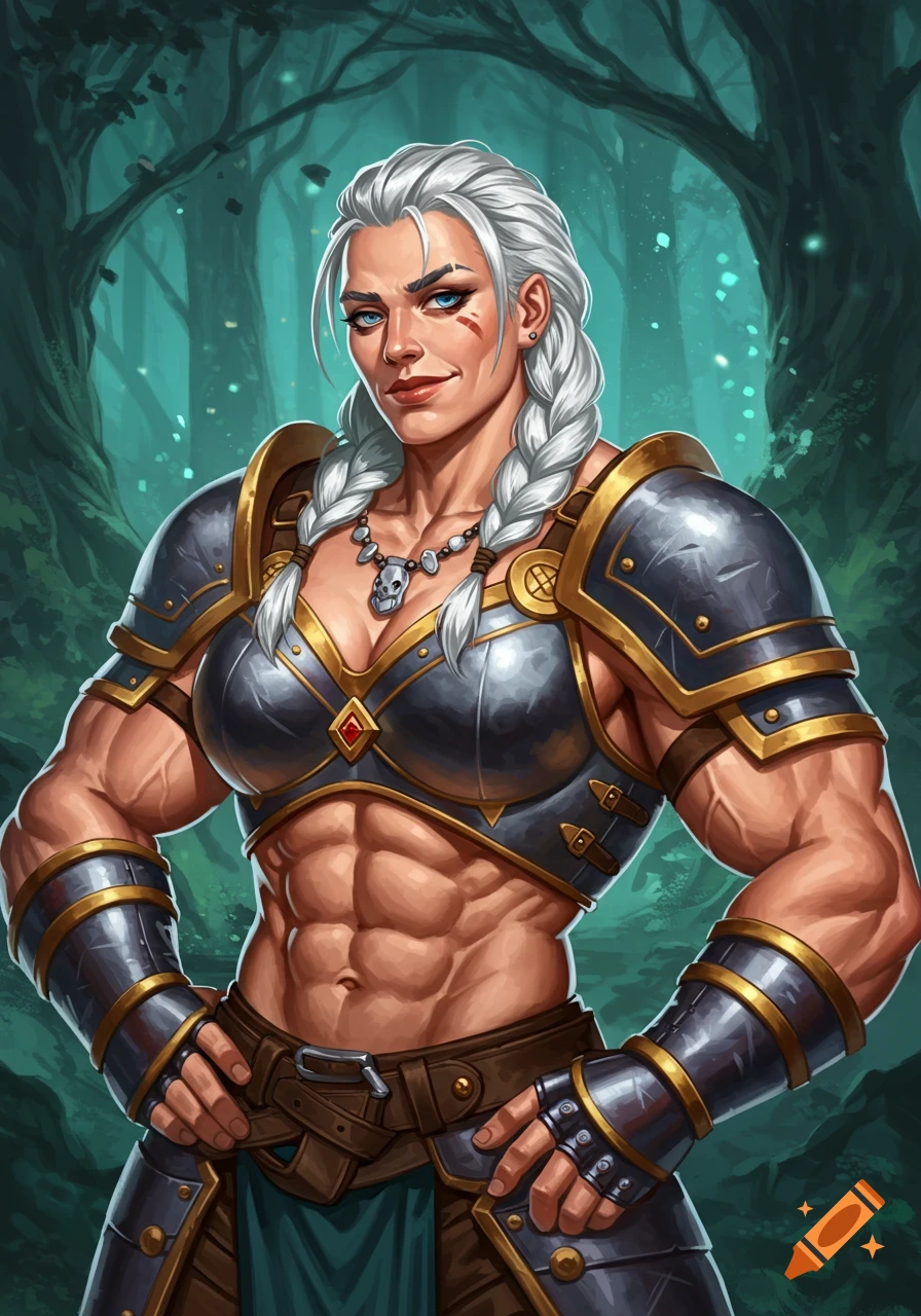 A muscular female warrior with white braids stands in fantasy armor in ...