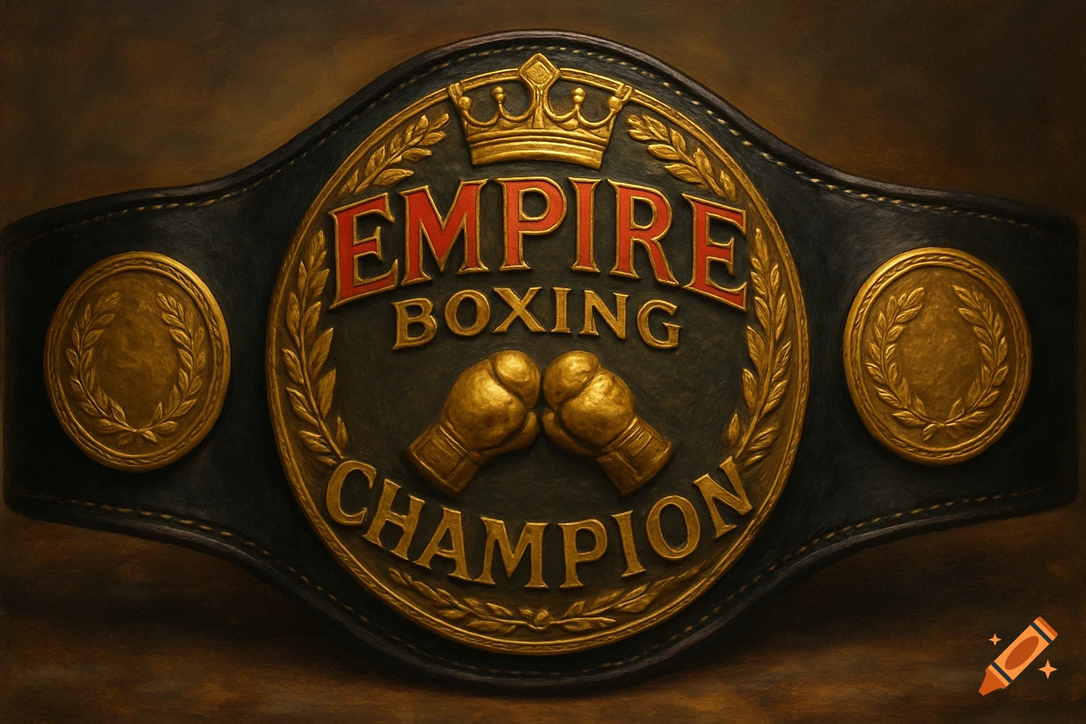A black and gold boxing championship belt with Empire Boxing Champion text and boxing gloves.