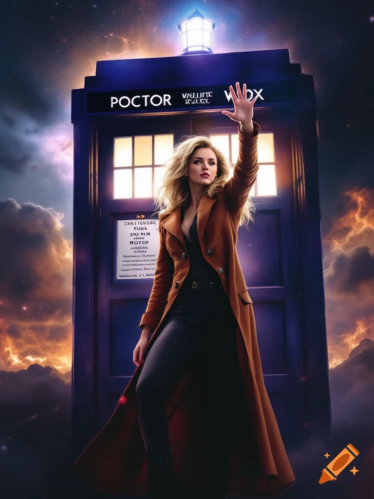 A woman in a brown coat stands dynamically before a blue police box under a stormy sky.