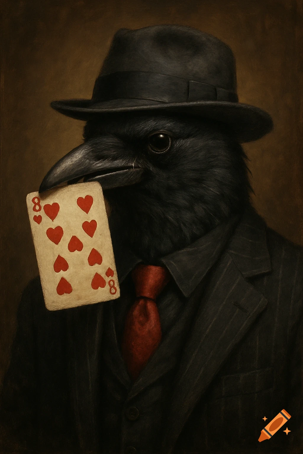 Portrait of a crow in a suit and hat holding an 8 of hearts playing card in its beak.