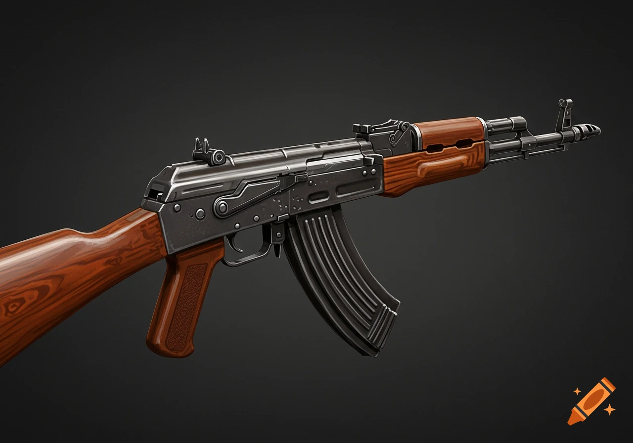 A realistic rendering of an AK-47 rifle on a dark background.