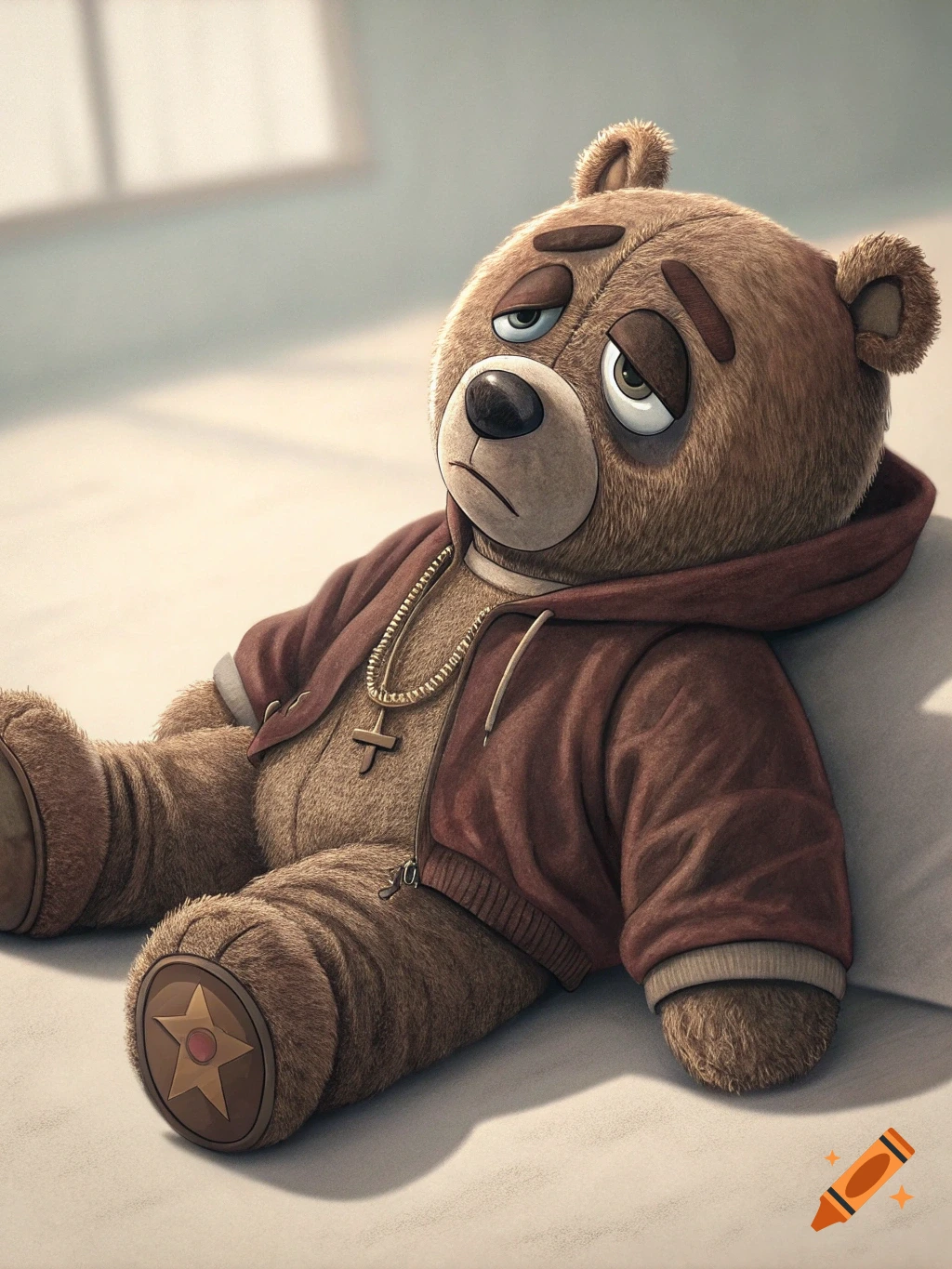 A sad teddy bear in a brown hoodie and chain sits leaning back.