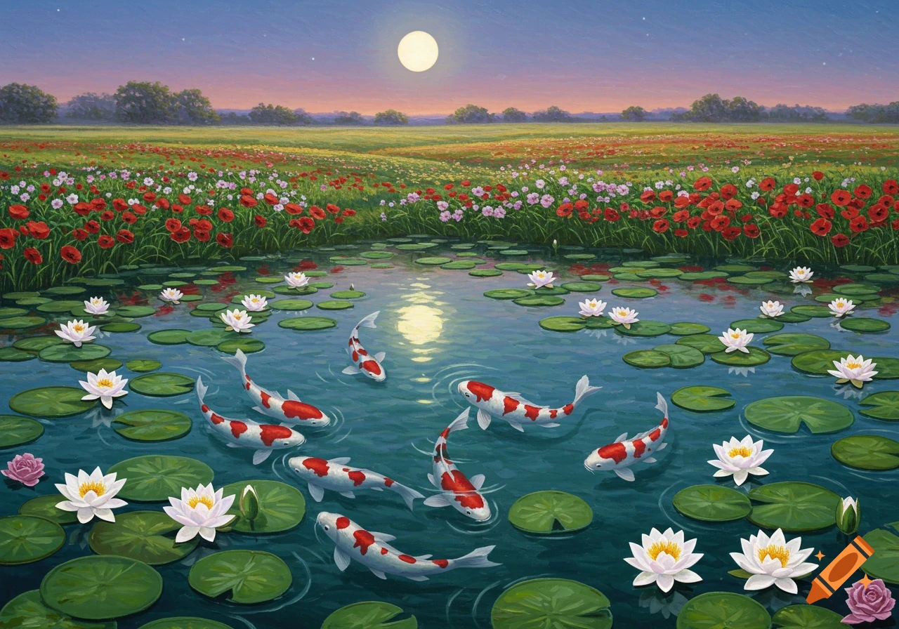 Painting of koi fish swimming in a pond with lily pads and flowers, a field of red poppies, and a full moon in the sky.