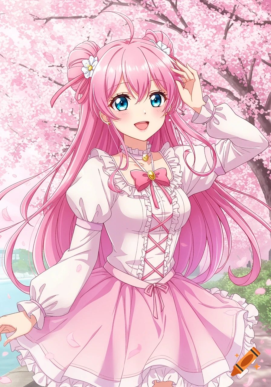 Anime girl with pink hair and blue eyes under cherry blossoms.
