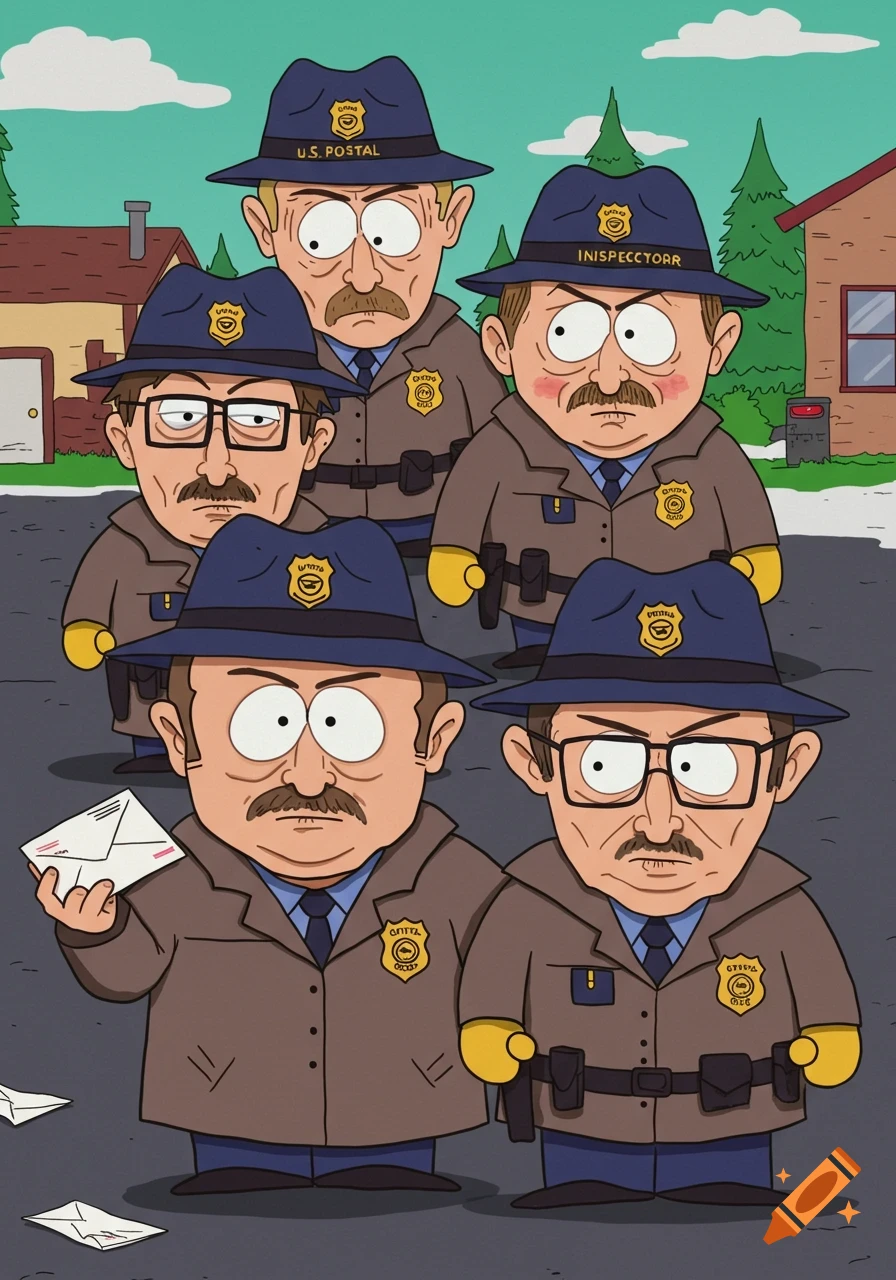 South Park style cartoon of multiple postal inspectors in uniform.