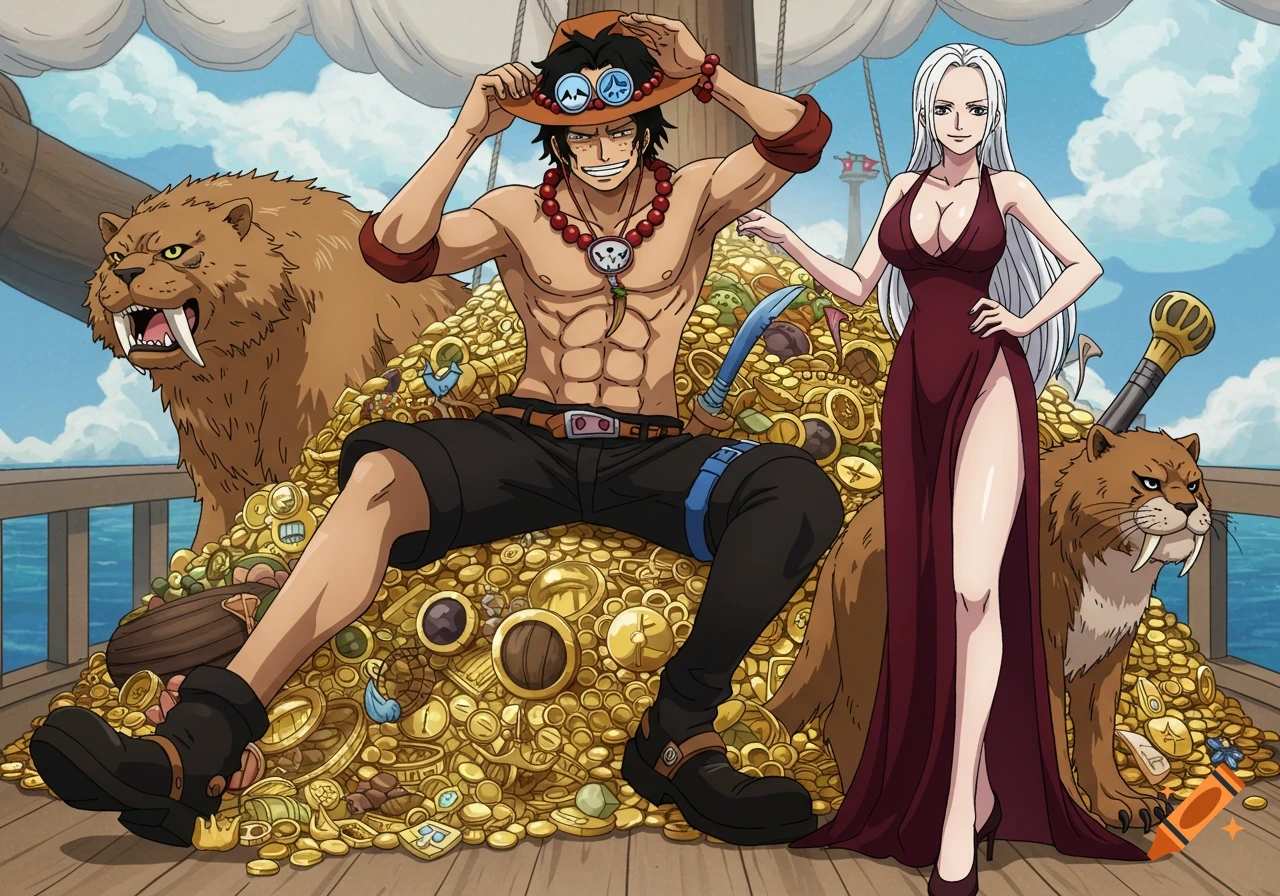 Anime scene of Ace and a woman sitting on a pile of treasure on a boat with sabertooth cats.