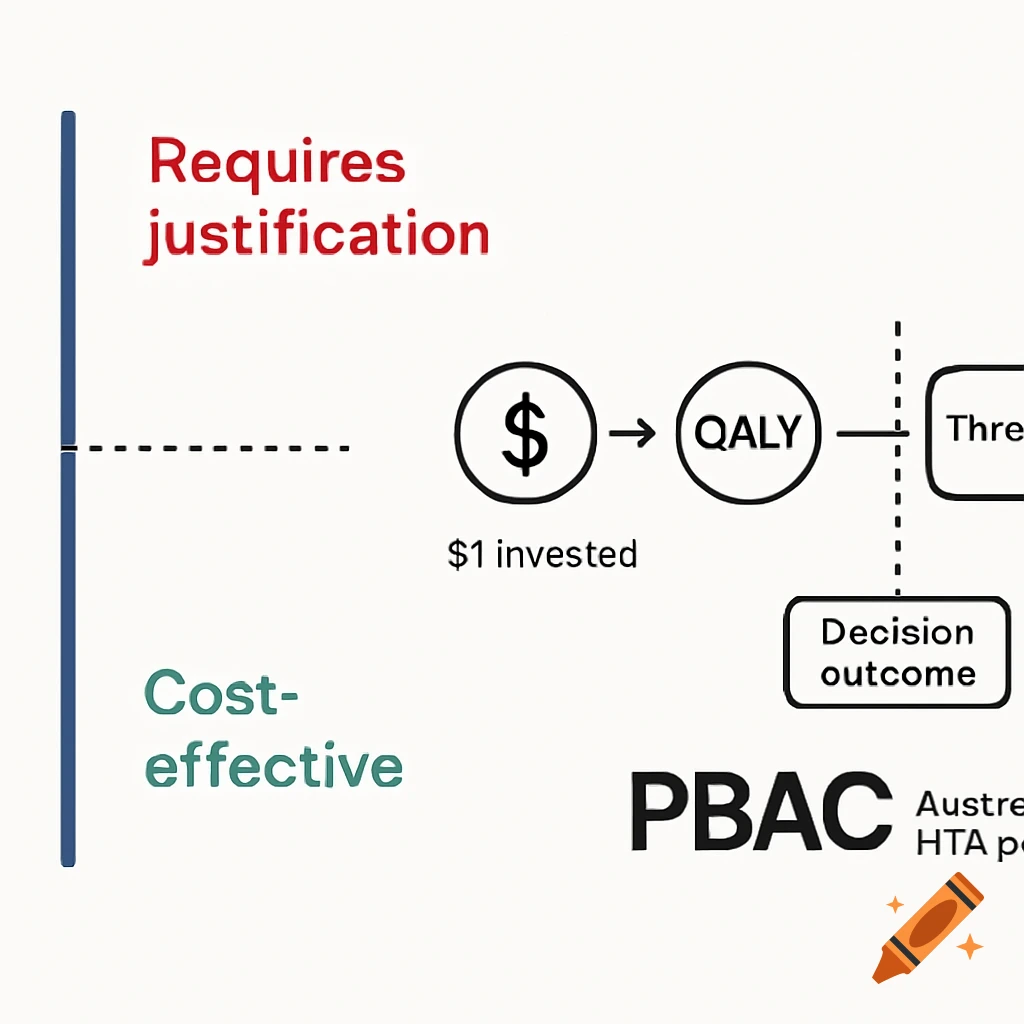 Diagram showing cost-effectiveness metrics, investment, QALY, and decision outcomes in a healthcare context.