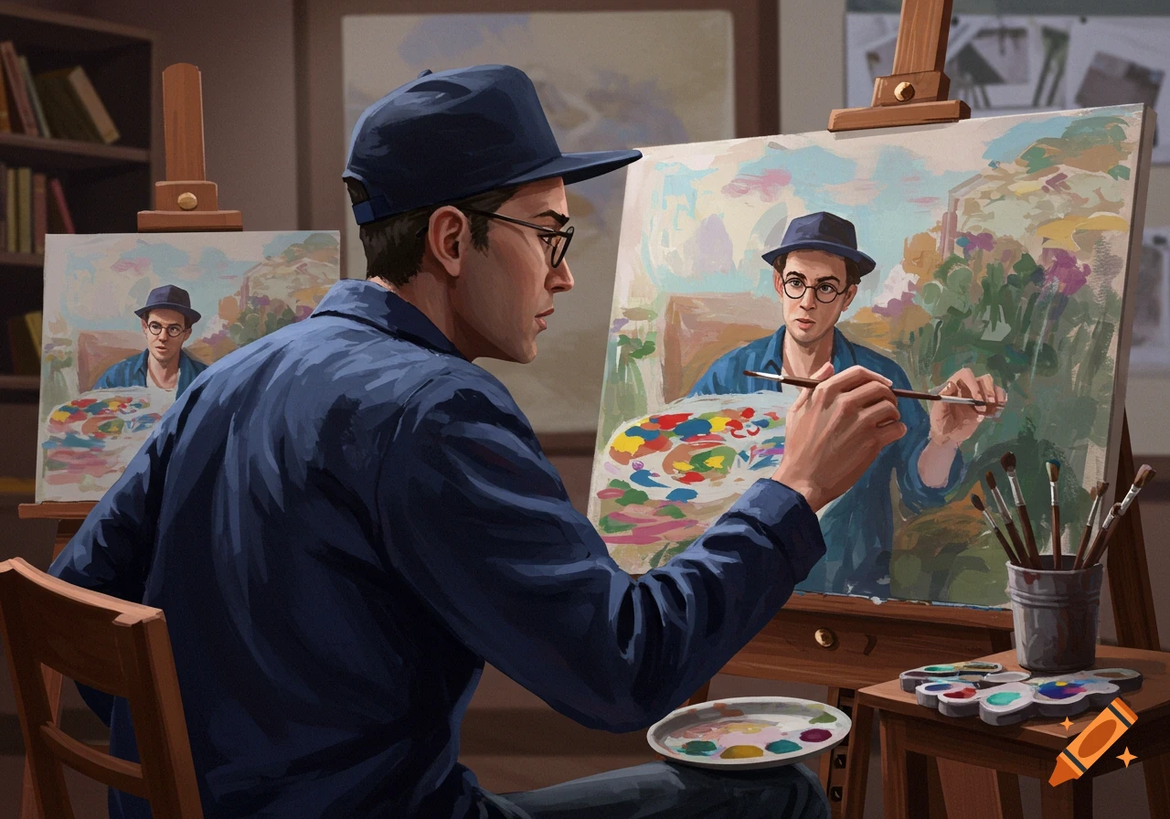 A man painting a portrait of himself painting at an easel in a studio.