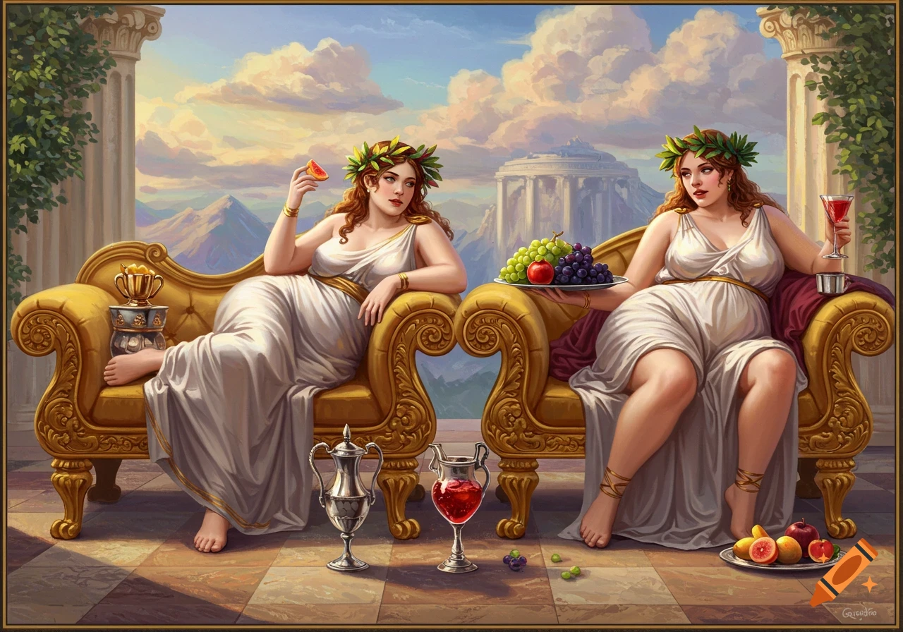 Two Greek goddesses in togas recline on golden divans, eating fruit and drinking.