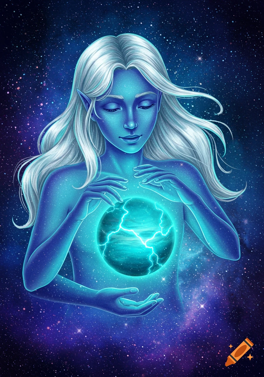 Blue-skinned figure with white hair and pointed ears holds a glowing sphere against a starry cosmic background.