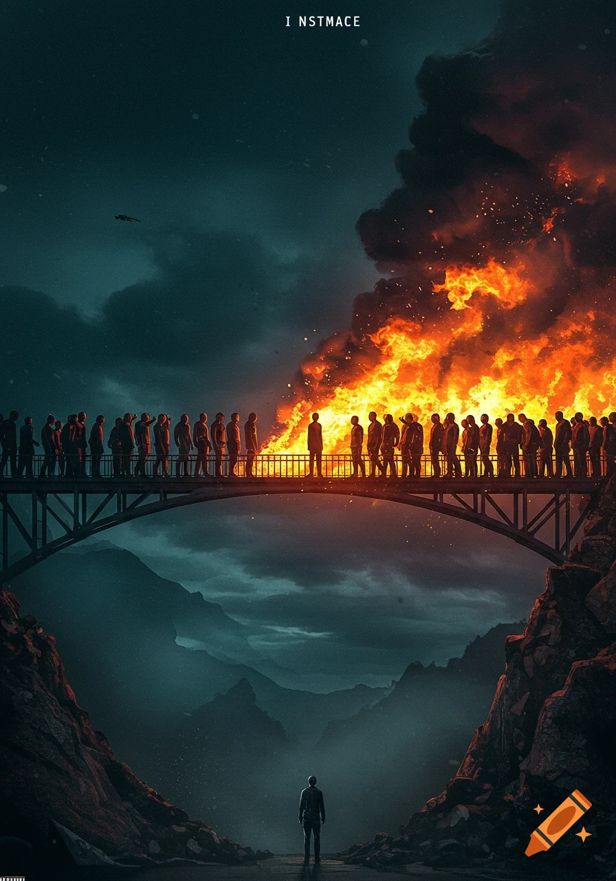 Dramatic scene of silhouetted figures on a bridge split by fire, with a lone figure below, mountains and dark sky.
