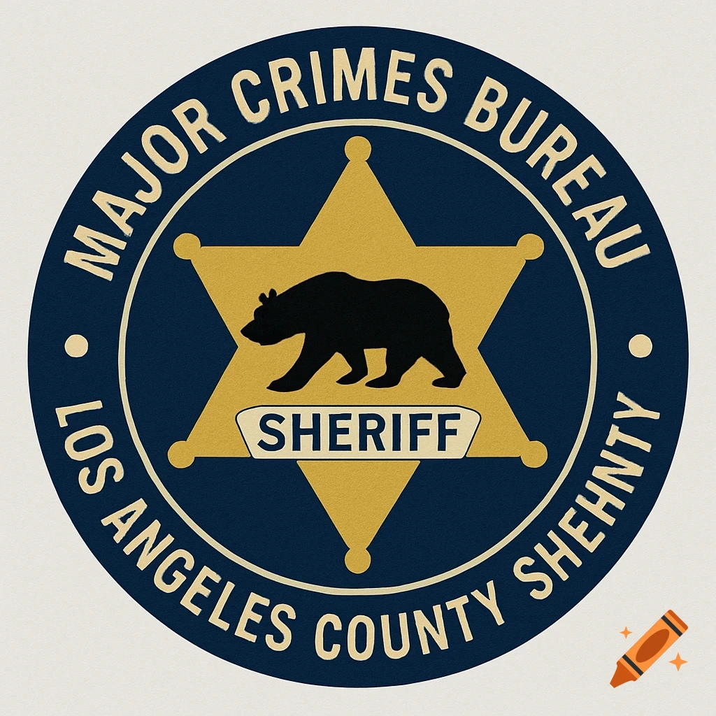 A circular logo for a Major Crimes Bureau featuring a sheriff's star, a bear silhouette, and text.