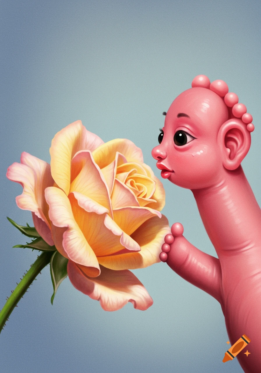 A strange pink creature with feet for ears sniffs a large yellow rose.