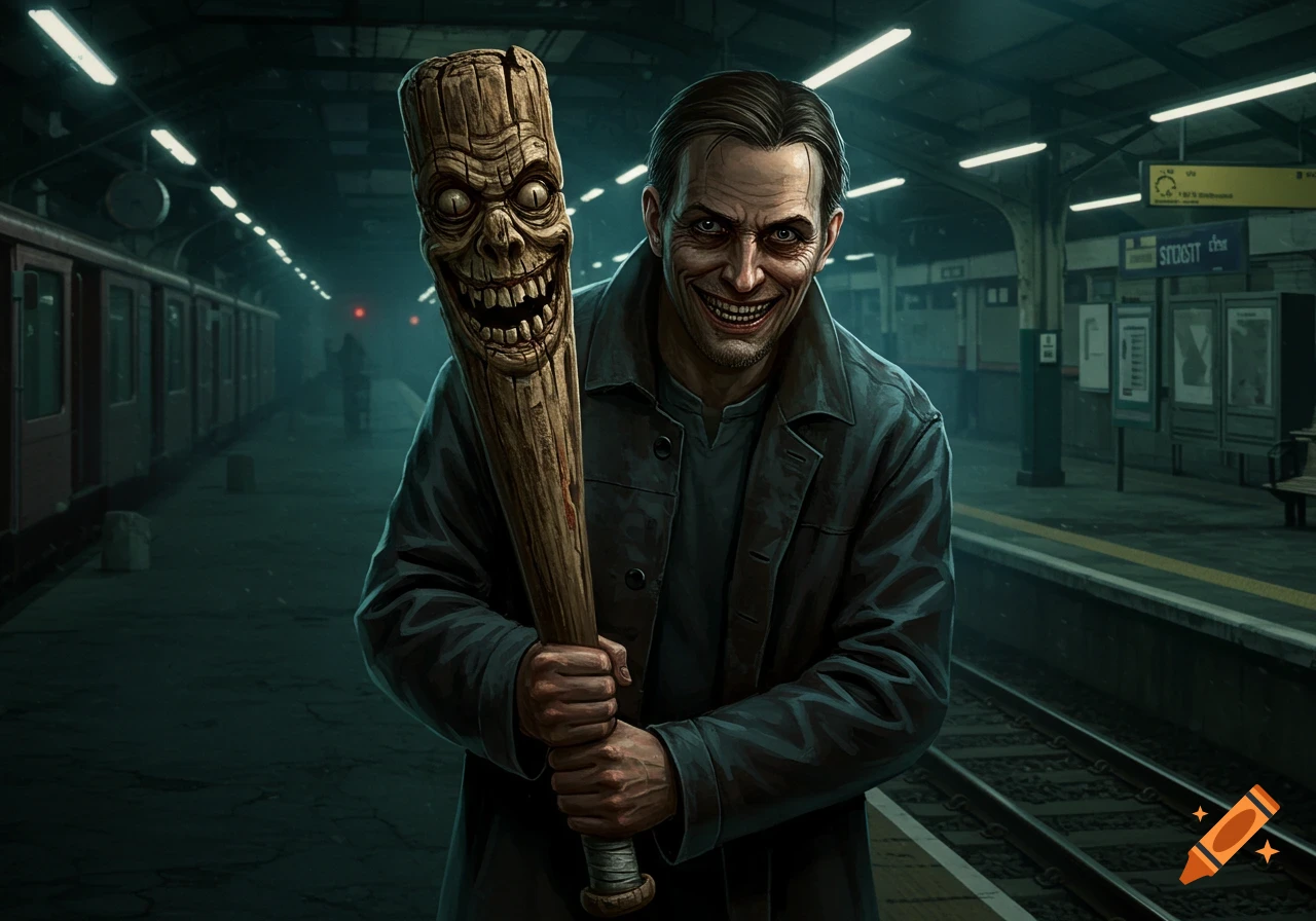 Creepy man holding a baseball bat with a carved monster face in a dark train station.