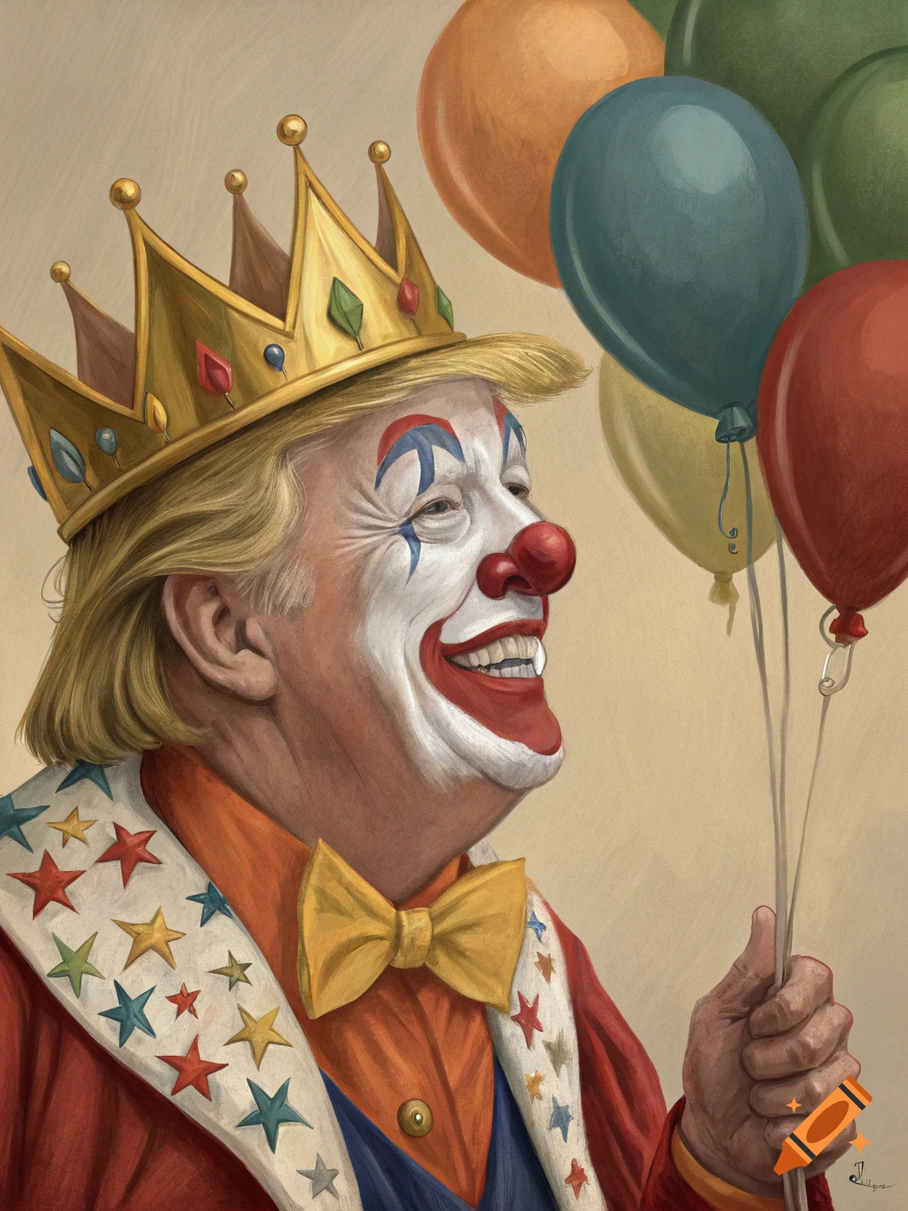 Caricature portrait of Donald Trump as a clown king wearing a crown and holding balloons.