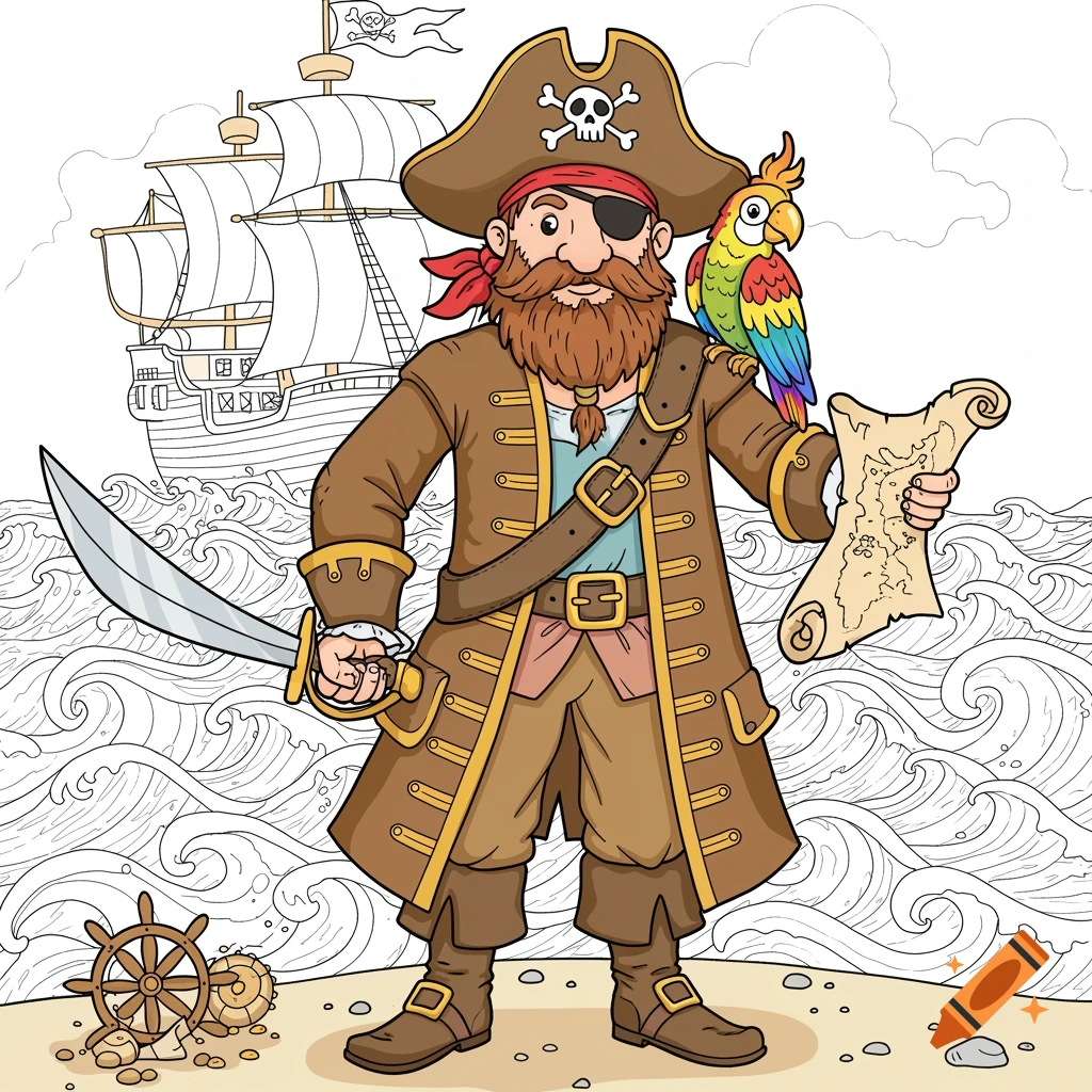 Cartoon coloring page of a pirate on a beach with a parrot and ship.