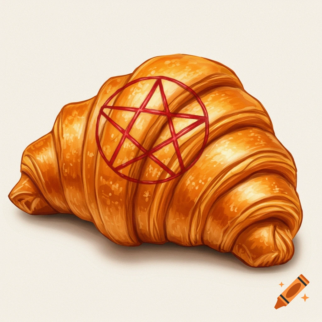 A croissant with a red pentagram symbol on it.