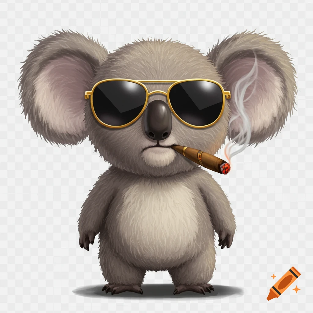 A cartoon koala wearing sunglasses and smoking a cigar, depicted in a painterly style on a transparent background.