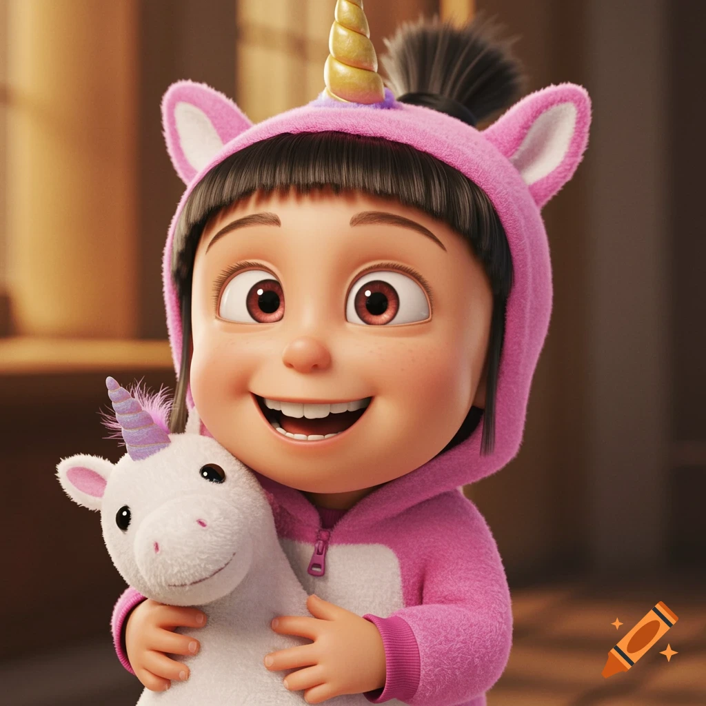 A cartoon girl in a pink unicorn hoodie holds a stuffed unicorn.