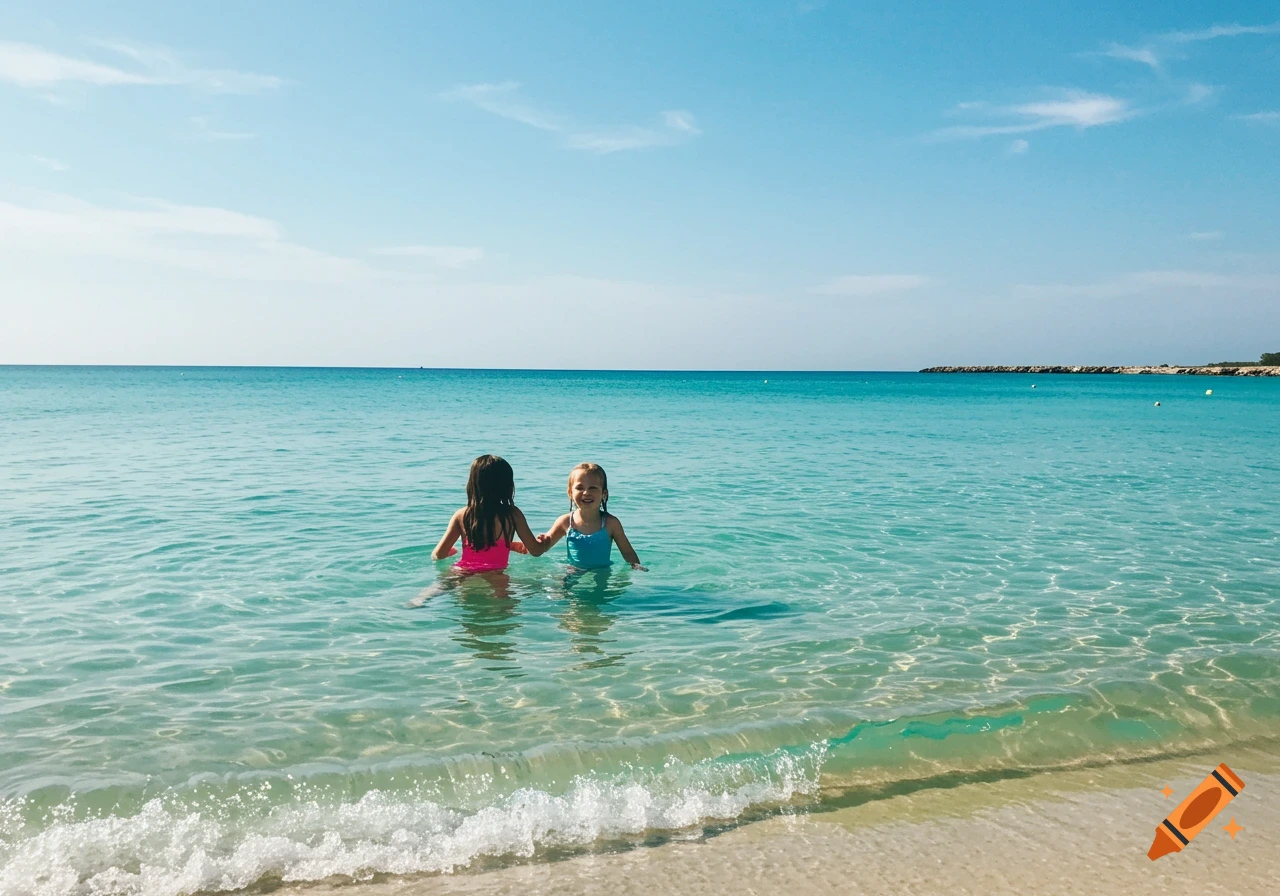 Two girls swimming in the clear blue sea at the beach.