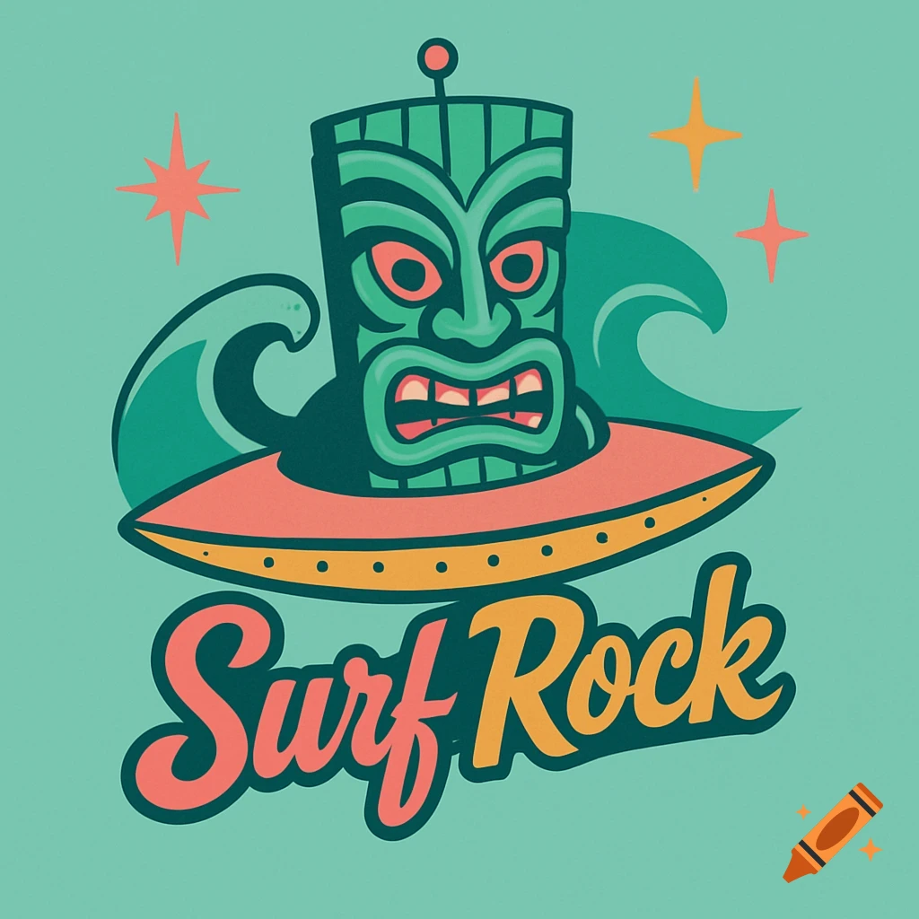 Retro illustration of a tiki figure in a flying saucer over a wave with the text Surf Rock.