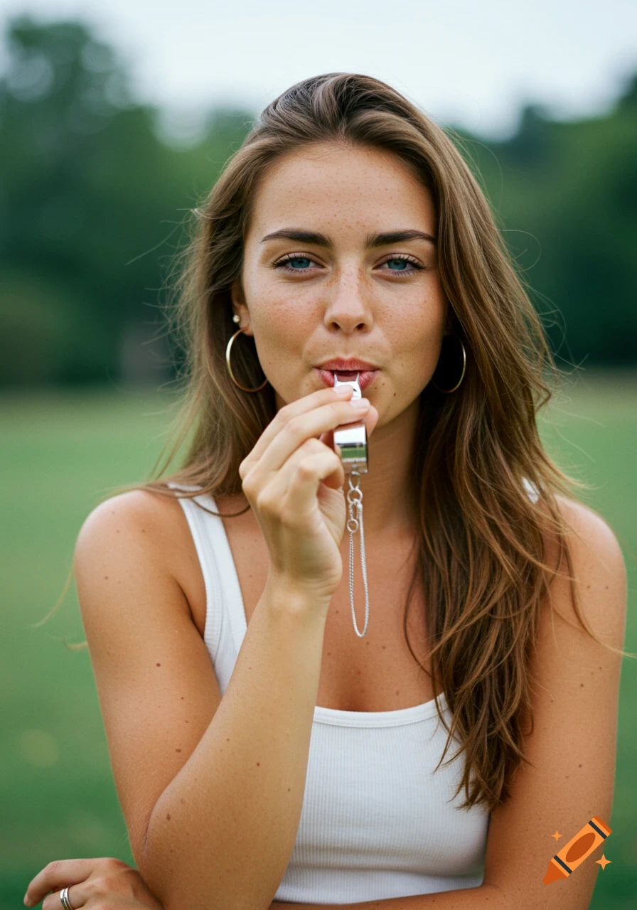 A woman with freckles wears a tank top and blows a whistle outdoors.