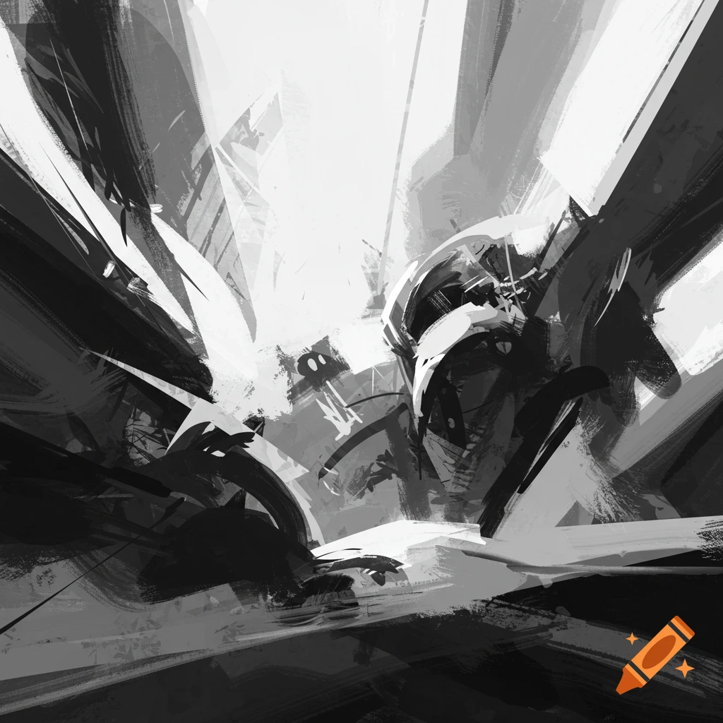 Abstract grayscale painting with dynamic brush strokes and light.