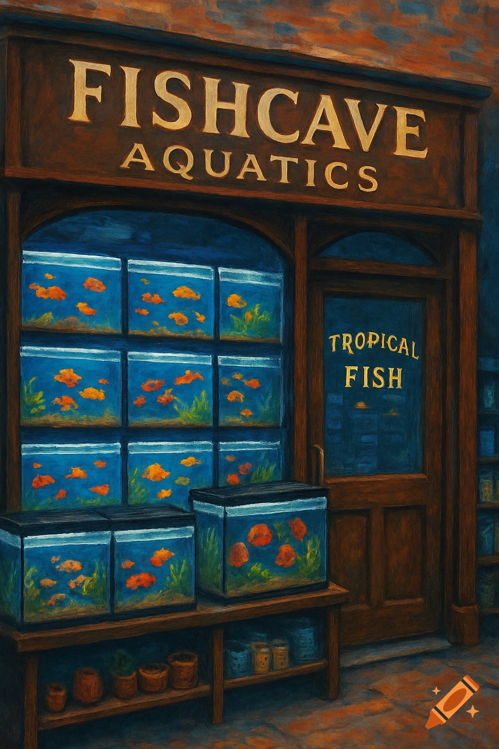 Painting of a shop called Fishcave Aquatics selling tropical fish, with many tanks of orange fish visible through the window.