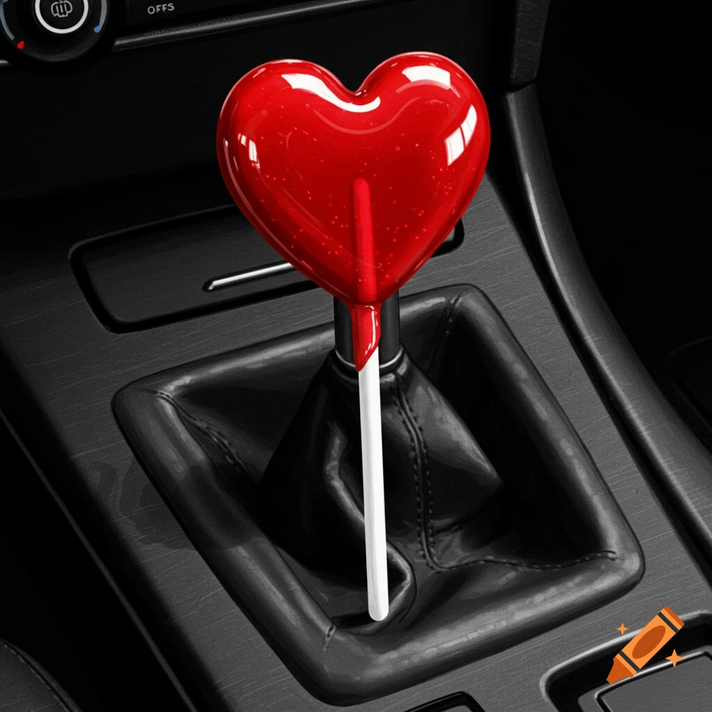A red heart-shaped lollipop used as a car gear shifter.